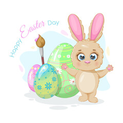Happy Easter Day postcard with bunny, eggs and paint brush