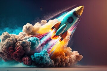 Rocket taking off and releasing abstract colorful smoke, Generative AI