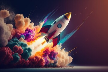 Rocket taking off and releasing abstract colorful smoke, Generative AI - obrazy, fototapety, plakaty