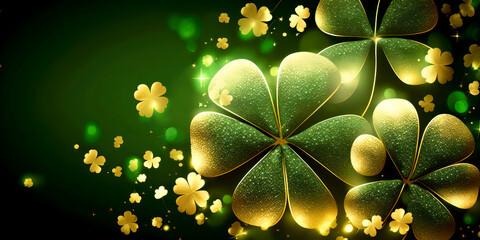 St. Patrick's Day abstract dark background decorated with green and golden shamrock leaves. Saint Patrick Day party celebrating. Generative AI