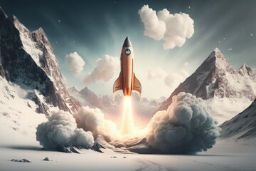 Rocket taking off in snowy mountains, Generative AI