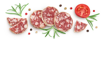 Cured salami sausage slices isolated on white background. Italian cuisine with full depth of field. Top view with copy space for your text. Flat lay.