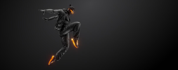 Abstract silhouette of a young hip-hop dancer, breake dancing man isolated on black background. - obrazy, fototapety, plakaty