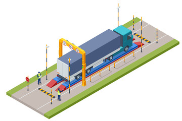 Isometric X-ray truck scanner. Mobile x-ray scanning system is used against smuggling. Customs control on border checkpoint.