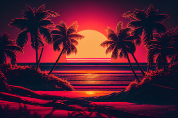 Fototapeta na wymiar Palms beach on sunset design illustration. Sunset on Beach with Palm Tree at sea, vacation holiday design. Miami beach with Palm tree on sunset, Ai Generated Illustration.