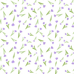 Decorative seamless pattern with violet crocus flowers cute ornament. White background. Isolated floral print. Flat vector print for textile, fabric, giftwrap, wallpapers. Endless illustration.