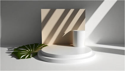 Podium for Packaging Presentation and Cosmetic Tropical Leaf Shadow on a Wall Product Display with White Concrete Texture Stone Texture Realistic 