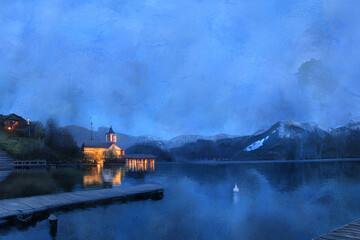 Fototapeta premium Church By The Lake Generative AI Art