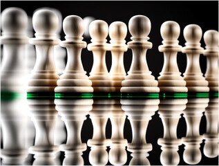 Diagonal Line of White Wooden Chess Pawns with Selective Focus Isolated at Background with Transparent Reflection on the Floor - Post-processed Generative AI