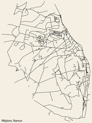 Detailed hand-drawn navigational urban street roads map of the WÉPION DISTRICT of the Belgian city of NAMUR, Belgium with vivid road lines and name tag on solid background