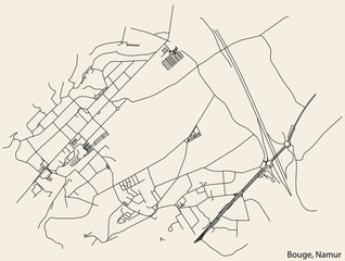 Detailed hand-drawn navigational urban street roads map of the BOUGE DISTRICT of the Belgian city of NAMUR, Belgium with vivid road lines and name tag on solid background