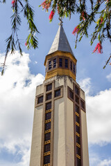 Fototapeta na wymiar O topo da Catedral Metropolitana de Goiânia entre galhos floridos com céu azul ao fundo.