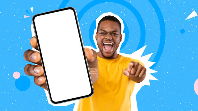 Emotional black guy recommending nice online deal, mockup