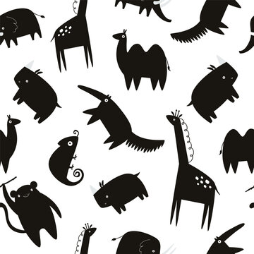 Seamless pattern with monochrome black african animals.