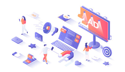 Effective advertising campaign. Promotion of goods and services using Outdoor Advertising, Internet ads, Direct marketing. Isometry illustration with people scene for web graphic.
