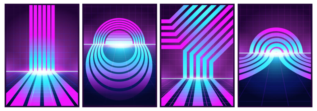 Retro futuristic vintage 80s style stripes background poster lines neon light grid landscapes. computer design  summer party Sci-Fi banner, hipster Synth wave style vector illustration cyber world
