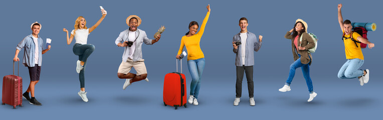 Joyful multiracial young people tourists jumping up on blue, collage