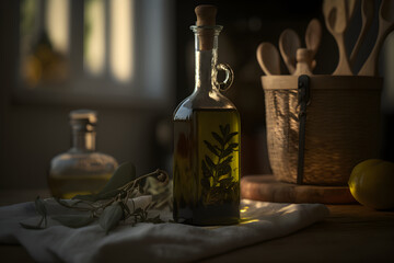 Olive oil bottle and olives composition, generative ai.