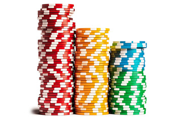 Fototapeta premium Stacks of Colored Poker Chips Isolated on White Background - Post-processed Generative AI