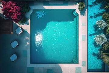 Luxury pool with blue water, top view. Created with Generative AI technology.