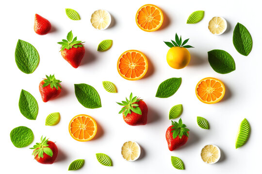 Colorful Pattern Made of Citrus Fruits Leaves and Strawberries - Post-processed Generative AI
