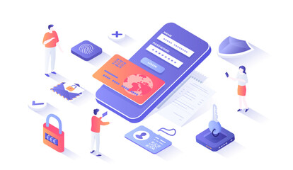 Credit Card Security. Protection of personal information. Money protection, online banking, payment protection. Fingerprint, password, login. Isometry illustration with people scene web graphic.
