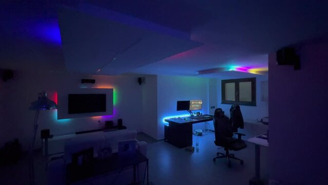 Led lights effects on a modern living room, music rhythm