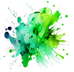 Expressive Abstract Watercolor Stain with Splashes and Drops of Green Color Watercolor Background