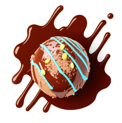 Chocolate Ice Cream Ball and Chocolate Sauce Isolated on White Background Top View