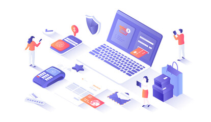 Online Payment. Paying bill, invoice, shopping online, e-commerce market. Сredit card transaction, money transfer with laptop. Isometry illustration with people scene for web graphic. - obrazy, fototapety, plakaty