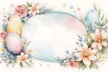 Watercolor Easter floral background with copyspace for text. Pastel tones flowers and eggs drawing. Vintage spring wallpaper design. Generative AI art.