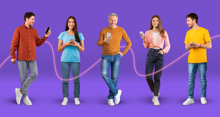 Happy young, adult european people in casual typing on smartphones with connect line