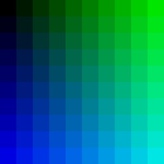 RGB pattern developed by structured programming. Represents the one face of cube in rgb color space, from black and green color to blue and cyan color.
