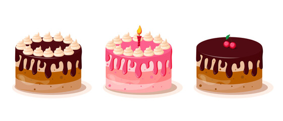 Cake with pink icing and chocolate. Birthday cake.
Vector illustration in a flat style.