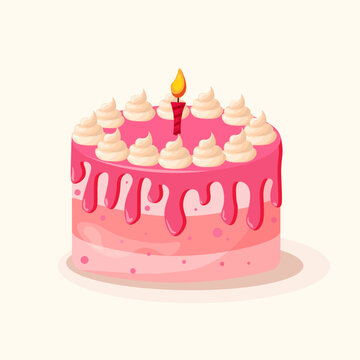 Birthday Cake. Cake with pink icing and a candle. Vector illustration in a flat style.