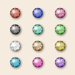 Vector Multi Colored 3d Realistic Transparent Round Glowing Gemstones, Diamonds, Crystals, Rhinestones Closeup Isolated. Jewerly Concept. Design Template