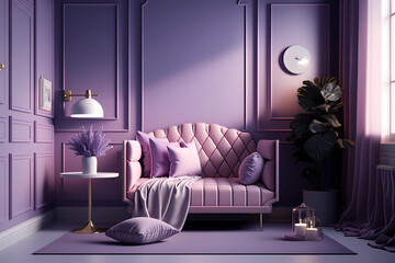Modern cozy living room with monochrome lavander purple wall. Contemporary interior design with pastel wall color, table and sofa. Generative AI.