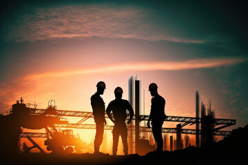 Naklejka na ściany i meble Building the Future: Survey Engineer and Construction Team at Work with Industrial Background and Light Flare Generative Ai