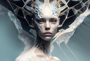 An ethereal alien woman in an elaborate headdress. Generative AI.