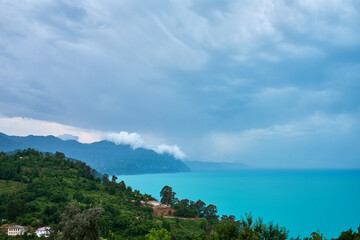 High angle view of the sea and mountains in perspective