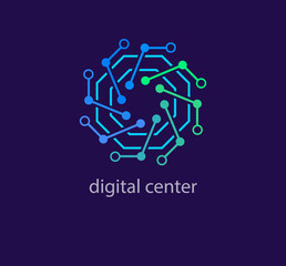 Modern digital center logo. Unique design color transitions. technology lines logo template. vector.