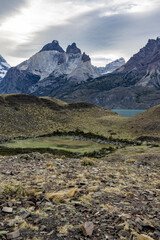 Impressive mountains and a lake with turquoise water at Torres del Paine National Park in Chile, Patagonia, South America