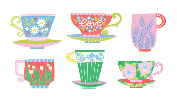 Clipart collection of painted tea cups on white background. Tableware decorative pictures in bright colors for design. Hand-drawn trendy vector illustration with mugs and flowers.