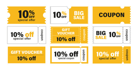 Discount coupon. coupon set, 10% off discount coupon, special offer, big sale, gift voucher, special coupon yellow vector illustration - obrazy, fototapety, plakaty