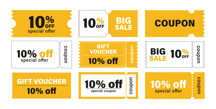Discount coupon. coupon set, 10% off discount coupon, special offer, big sale, gift voucher, special coupon yellow vector illustration © fairyy_user