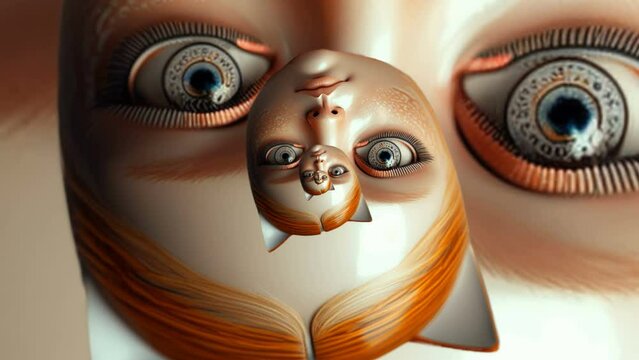 Seamless animation of a structure mandala pattern swirl of ceramic porcelain face of a cute baby doll  . Geometric graphic spiral with a psychedelic look.