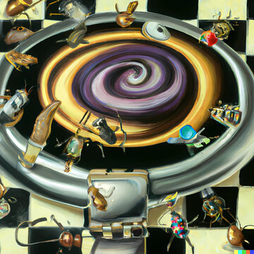 Moscas jugando ajedrez en un torbellino surrealista