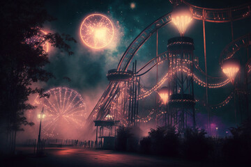 Fototapeta na wymiar fireworks at the amusement park at night, Generative AI