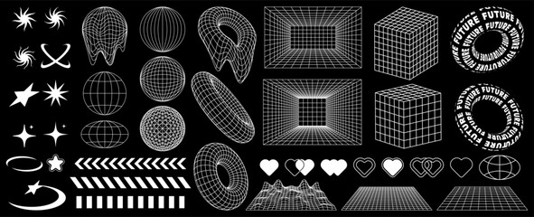 Rave psychedelic retro futuristic set in trendy y2k style. Surreal geometric shapes, and patterns, wireframe, cyberpunk elements and perspective grids, frame donuts, donuts with text. 