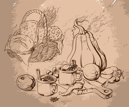 Set of pictures of food - bread basket and still life of pumpkin, bell pepper, chili and spices, hand drawn